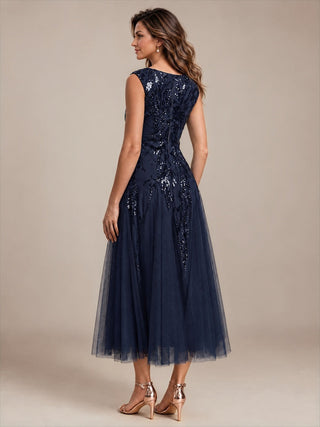 Sleeveless Sequin Tea Length Wedding Guest Dresses