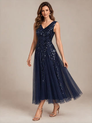 Sleeveless Sequin Tea Length Wedding Guest Dresses