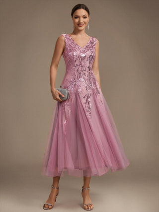 Sleeveless Sequin Tea Length Wedding Guest Dresses