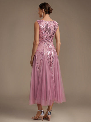 Sleeveless Sequin Tea Length Wedding Guest Dresses
