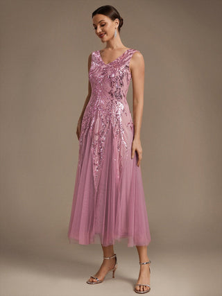Sleeveless Sequin Tea Length Wedding Guest Dresses