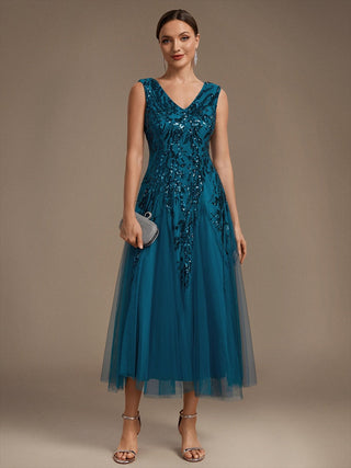 Sleeveless Sequin Tea Length Wedding Guest Dresses