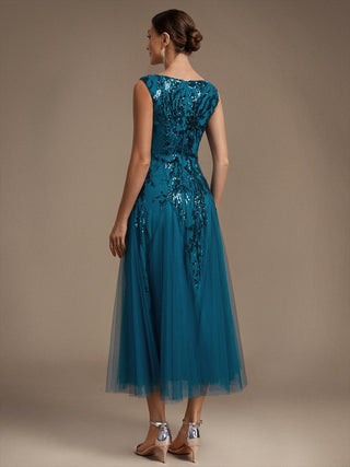 Sleeveless Sequin Tea Length Wedding Guest Dresses