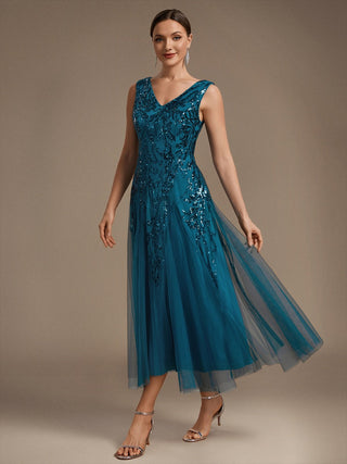 Sleeveless Sequin Tea Length Wedding Guest Dresses