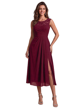 Sleeveless Lace A-Line Tea Length Wedding Guest Dress