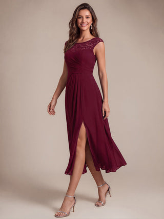 Sleeveless Lace A-Line Tea Length Wedding Guest Dress