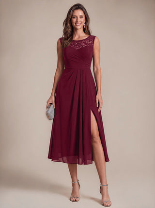 Sleeveless Lace A-Line Tea Length Wedding Guest Dress
