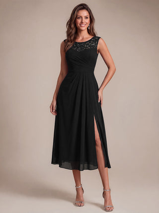 Sleeveless Lace A-Line Tea Length Wedding Guest Dress