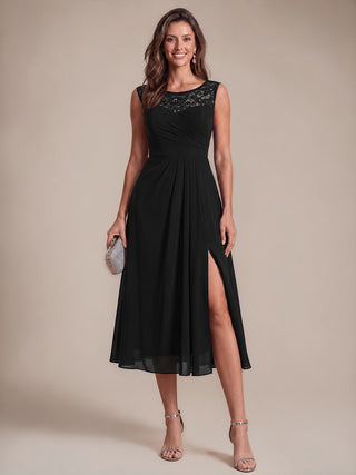 Sleeveless Lace A-Line Tea Length Wedding Guest Dress