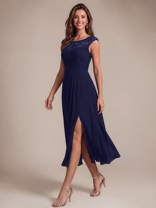 Sleeveless Lace A-Line Tea Length Wedding Guest Dress