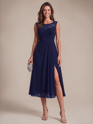 Sleeveless Lace A-Line Tea Length Wedding Guest Dress