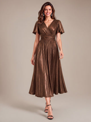 Short Sleeve V-Neck Pleated Midi Evening Dress