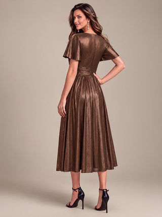 Short Sleeve V-Neck Pleated Midi Evening Dress