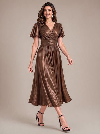 Short Sleeve V-Neck Pleated Midi Evening Dress
