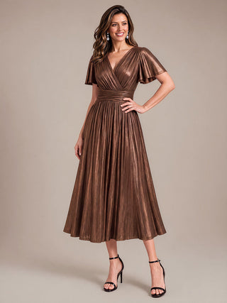 Short Sleeve V-Neck Pleated Midi Evening Dress