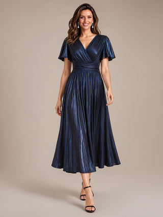 Short Sleeve V-Neck Pleated Midi Evening Dress