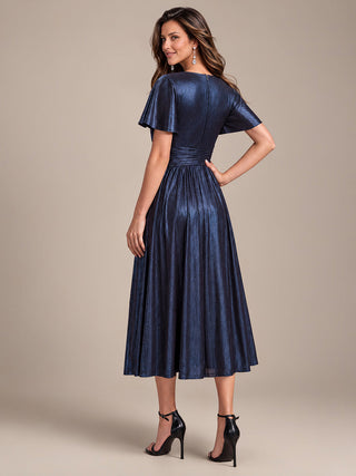 Short Sleeve V-Neck Pleated Midi Evening Dress