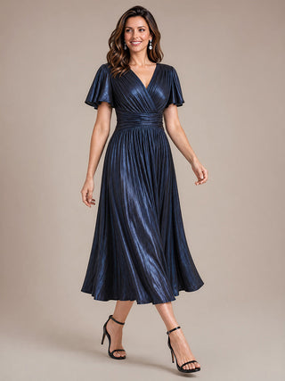 Short Sleeve V-Neck Pleated Midi Evening Dress