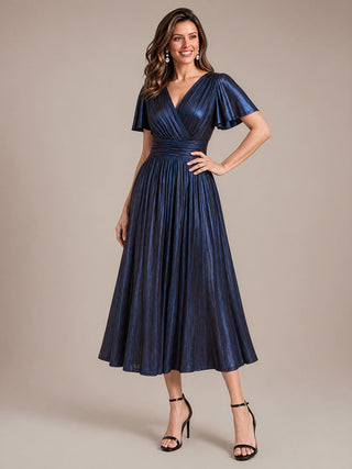 Short Sleeve V-Neck Pleated Midi Evening Dress
