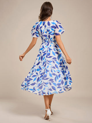 Short Sleeve Ruffled V-Neck Pleated Asymmetrical Midi Wedding Guest Dresses
