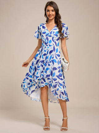 Short Sleeve Ruffled V-Neck Pleated Asymmetrical Midi Wedding Guest Dresses