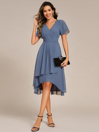 Short Sleeve Ruffled V-Neck Pleated Asymmetrical Midi Wedding Guest Dresses