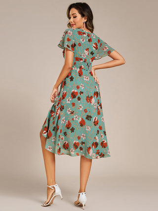 Short Sleeve Ruffled V-Neck Pleated Asymmetrical Midi Wedding Guest Dresses