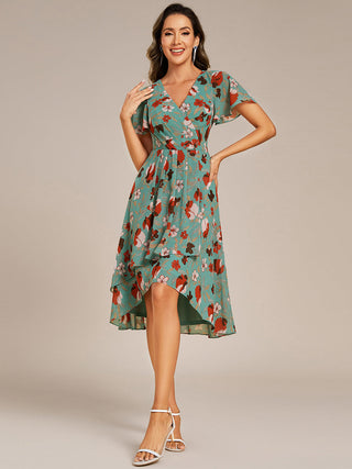 Short Sleeve Ruffled V-Neck Pleated Asymmetrical Midi Wedding Guest Dresses