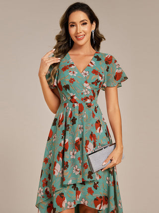Short Sleeve Ruffled V-Neck Pleated Asymmetrical Midi Wedding Guest Dresses