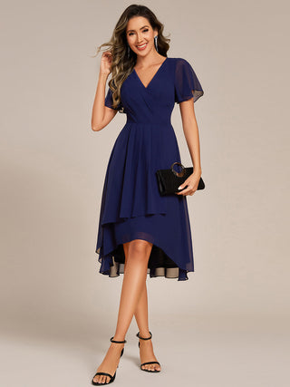 Short Sleeve Ruffled V-Neck Pleated Asymmetrical Midi Wedding Guest Dresses