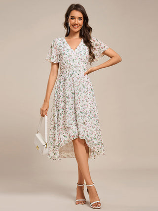 Short Sleeve Ruffled V-Neck Pleated Asymmetrical Midi Wedding Guest Dresses