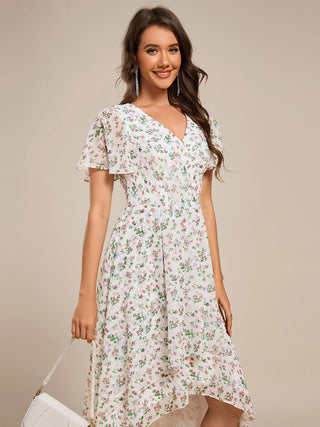 Short Sleeve Ruffled V-Neck Pleated Asymmetrical Midi Wedding Guest Dresses