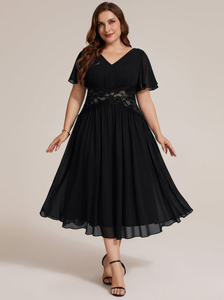 Short Sleeve Ruffle Lace Trim V-Neck A-Line Midi Wedding Guest Dresses