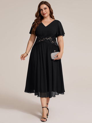 Short Sleeve Ruffle Lace Trim V-Neck A-Line Midi Wedding Guest Dresses