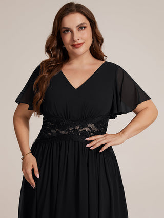 Short Sleeve Ruffle Lace Trim V-Neck A-Line Midi Wedding Guest Dresses
