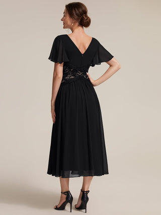 Short Sleeve Ruffle Lace Trim V-Neck A-Line Midi Wedding Guest Dresses