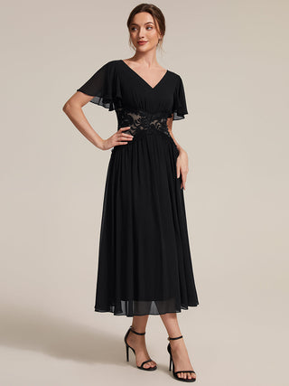 Short Sleeve Ruffle Lace Trim V-Neck A-Line Midi Wedding Guest Dresses