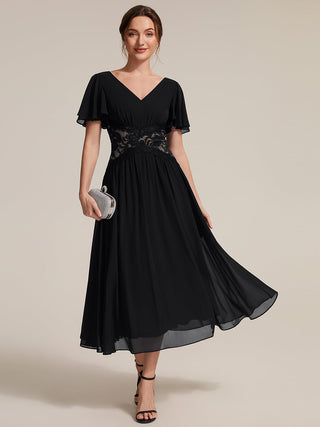 Short Sleeve Ruffle Lace Trim V-Neck A-Line Midi Wedding Guest Dresses
