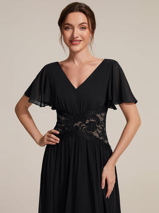 Short Sleeve Ruffle Lace Trim V-Neck A-Line Midi Wedding Guest Dresses