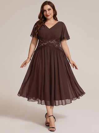 Short Sleeve Ruffle Lace Trim V-Neck A-Line Midi Wedding Guest Dresses