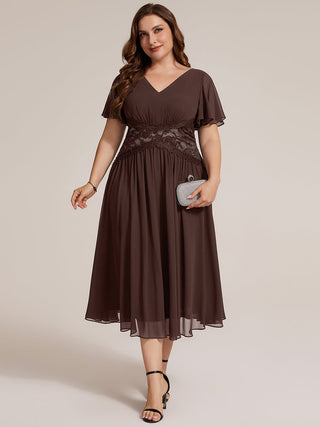Short Sleeve Ruffle Lace Trim V-Neck A-Line Midi Wedding Guest Dresses