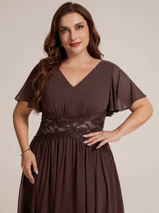 Short Sleeve Ruffle Lace Trim V-Neck A-Line Midi Wedding Guest Dresses