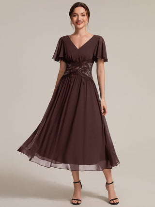 Short Sleeve Ruffle Lace Trim V-Neck A-Line Midi Wedding Guest Dresses