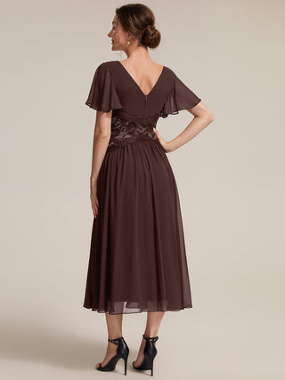 Short Sleeve Ruffle Lace Trim V-Neck A-Line Midi Wedding Guest Dresses