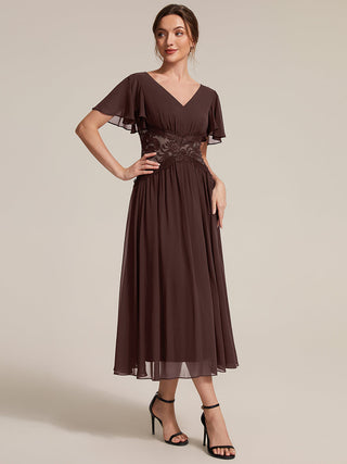 Short Sleeve Ruffle Lace Trim V-Neck A-Line Midi Wedding Guest Dresses
