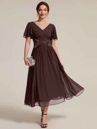 Short Sleeve Ruffle Lace Trim V-Neck A-Line Midi Wedding Guest Dresses