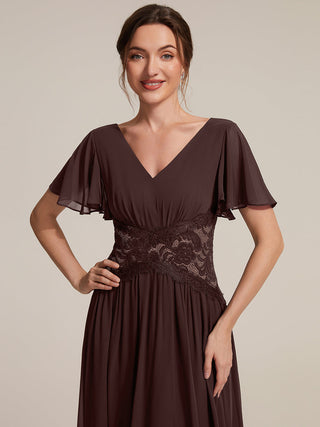 Short Sleeve Ruffle Lace Trim V-Neck A-Line Midi Wedding Guest Dresses
