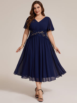 Short Sleeve Ruffle Lace Trim V-Neck A-Line Midi Wedding Guest Dresses