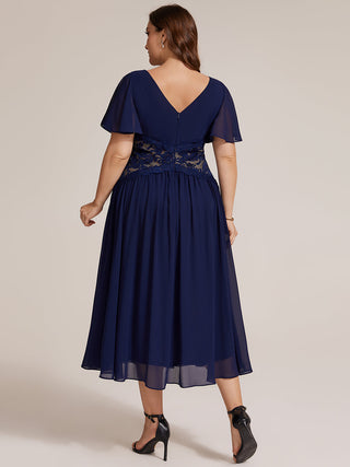 Short Sleeve Ruffle Lace Trim V-Neck A-Line Midi Wedding Guest Dresses