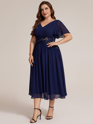 Short Sleeve Ruffle Lace Trim V-Neck A-Line Midi Wedding Guest Dresses